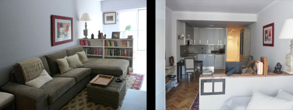 Un mueble bajo separa el salón del dormitorio al ser librería por un lado y cabecero por el otro.
