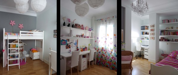 Los dormitorios de las niñas destaca la luminosidad por los contrastes con notas de color en los textiles.