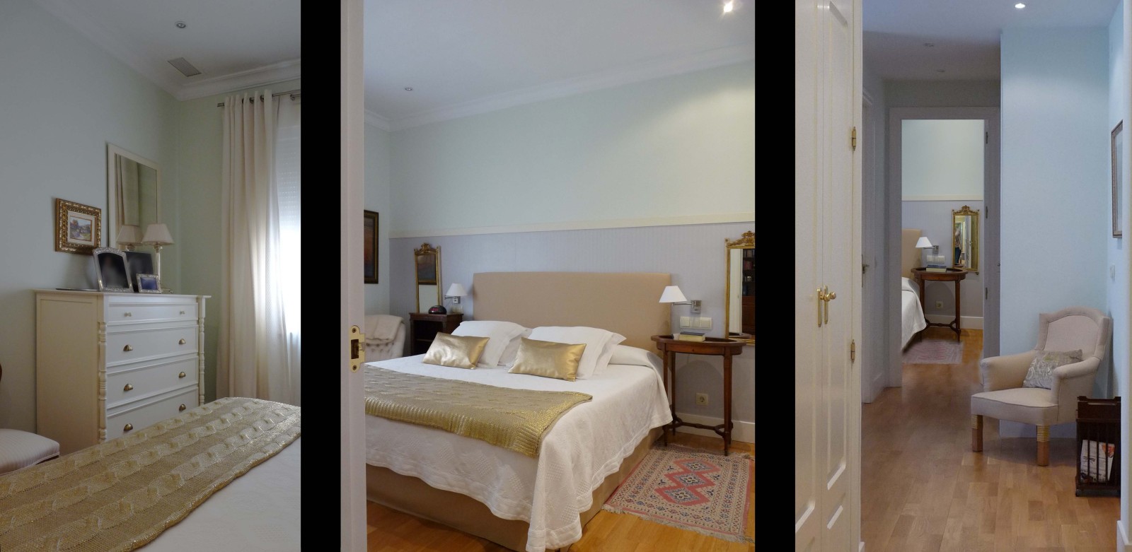 El dormitorio principal se actualizó el mobiliario y se apostó por potenciar la luminosidad usando tonos dorados.